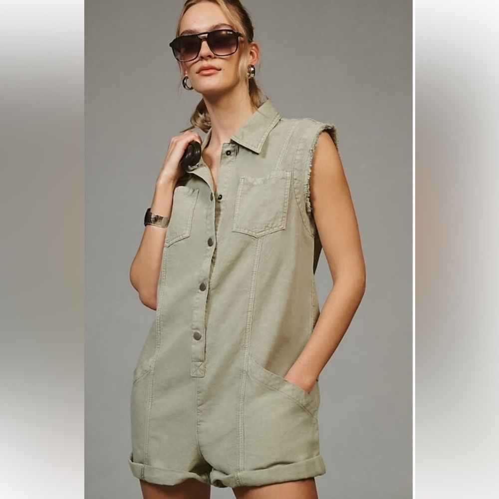 Anthropologie Pilcro Sleeveless Snap-Front Cotton Romper in Sage